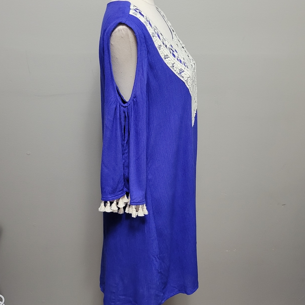 Entro blue crepe tassel crochet tassel trim shift dress size medium - Picture 4 of 7